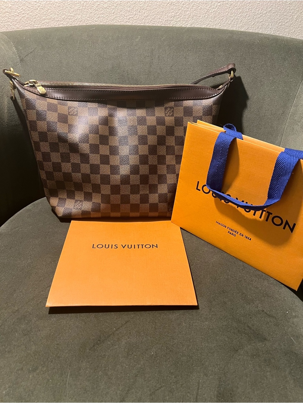Louis Vuitton Brown Damier Canvas Shoulder Bag with Gold Hardware